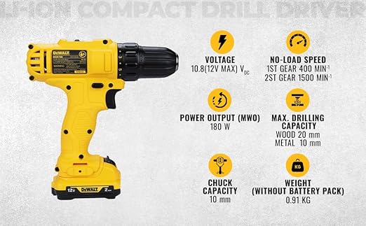 DEWALT DCD700D2 12V, 10mm XR Li ion Cordless Drill Driver with 2x2.0 Ah Batteries included