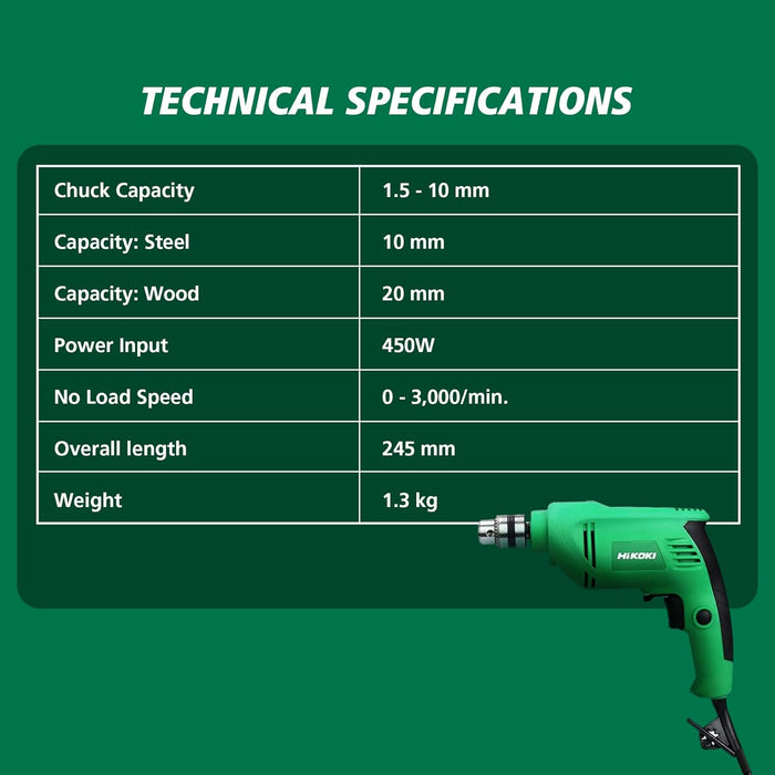 HIKOKI D10VSTAS9Z Corded Drill With Soft Grip Handle, 450 Watts Powerful Motor, 10Mm Drill Chuck And 0-3000Rpm