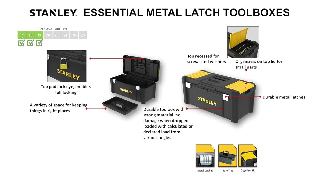 STANLEY STST1-75515 12.5'' Essential Plastic Tool Box With Removable Tote Tray For Convenient Storage