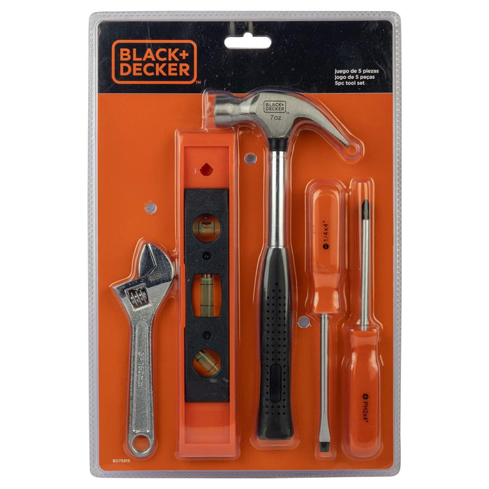 Black & Decker 5-Pieces Toolkit with Adjustable Wrench, Torpedo Level, Tubular Hammer, Screwdriver & Cross Screwdriver for Home & DIY Use