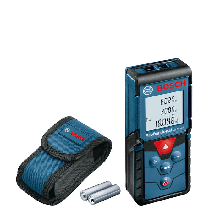 Product image of the Bosch GLM 40 Laser Distance Meter tool, along with the batteries included in the box and the carrying case