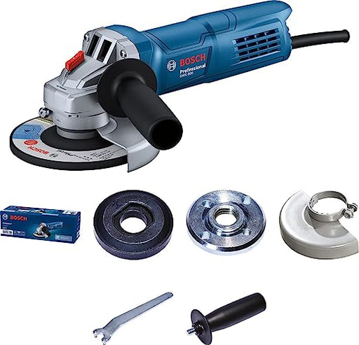 Product image of Bosch gws 800 4 Inch angle grinder with white background along with all the accessories included in the box