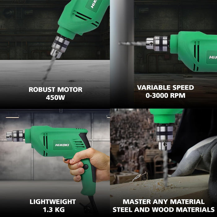 HIKOKI D10VSTAS9Z Corded Drill With Soft Grip Handle, 450 Watts Powerful Motor, 10Mm Drill Chuck And 0-3000Rpm