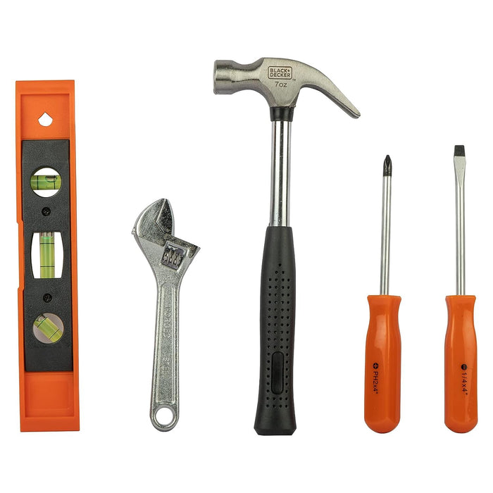 Black & Decker 5-Pieces Tool kit with Adjustable Wrench, Torpedo Level, Tubular Hammer, Screwdriver & Cross Screwdriver for Home & DIY Use - General Pumps